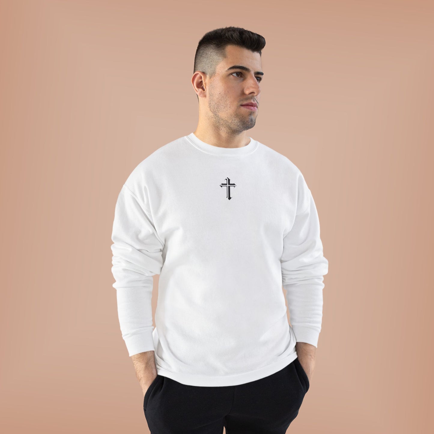 Christian Cross Crewneck Sweatshirt — Small Front Cross, Large Back Cross Design