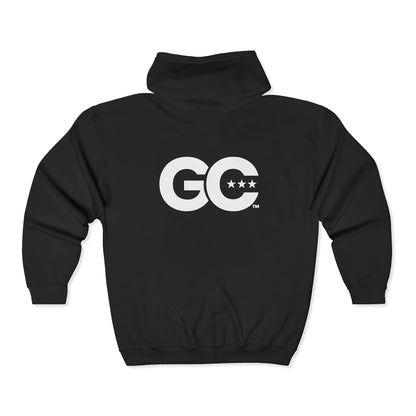 GC Logo Zip Hoodie — Black Full‑Zip Hooded Sweatshirt with Back Graphic