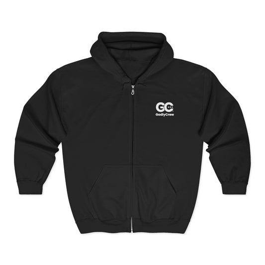 GC Logo Zip Hoodie — Black Full‑Zip Hooded Sweatshirt with Back Graphic
