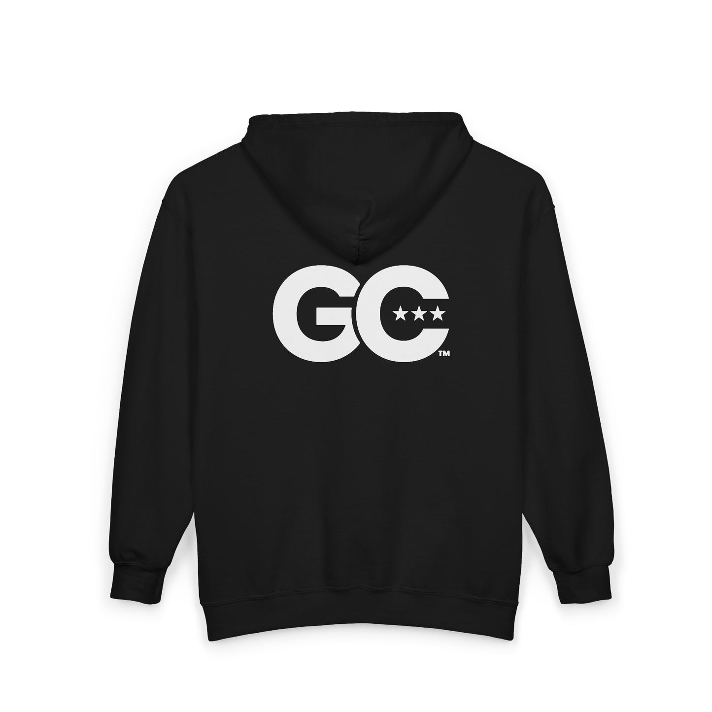 GC Logo Zip Hoodie — Black Full‑Zip Hooded Sweatshirt with Back Graphic