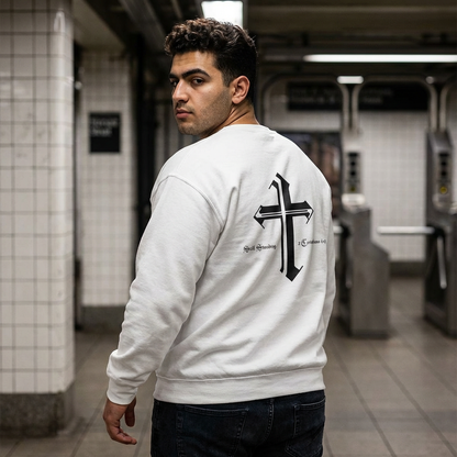 Christian Cross Crewneck Sweatshirt — Small Front Cross, Large Back Cross Design