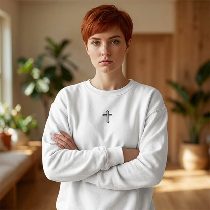 Christian Cross Crewneck Sweatshirt — Small Front Cross, Large Back Cross Design