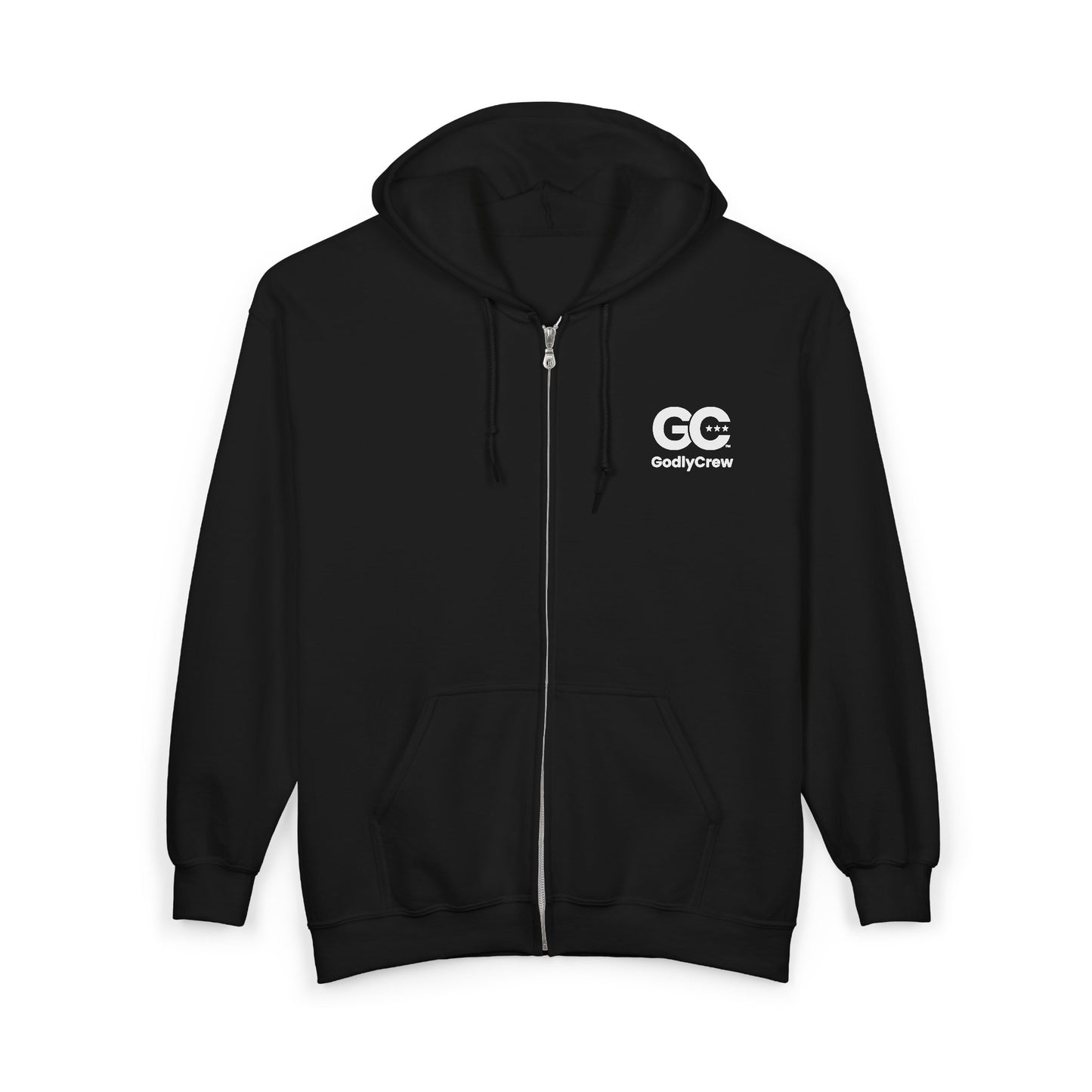 GC Logo Zip Hoodie — Black Full‑Zip Hooded Sweatshirt with Back Graphic