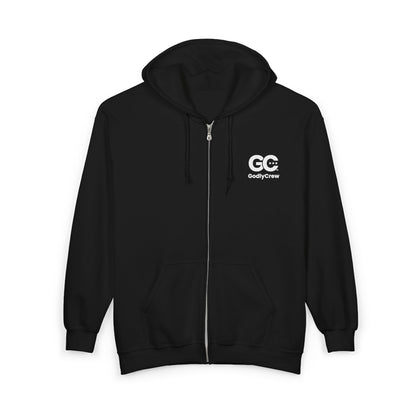 GC Logo Zip Hoodie — Black Full‑Zip Hooded Sweatshirt with Back Graphic